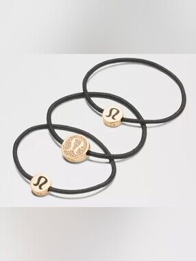 lululemon athletica Black Hair Tie Set with Gold Logo Charms, New